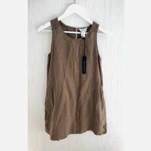 NICOLE MILLER Sleeveless Brown 100% Linen Shift A Line Dress Smocked Size S NWT